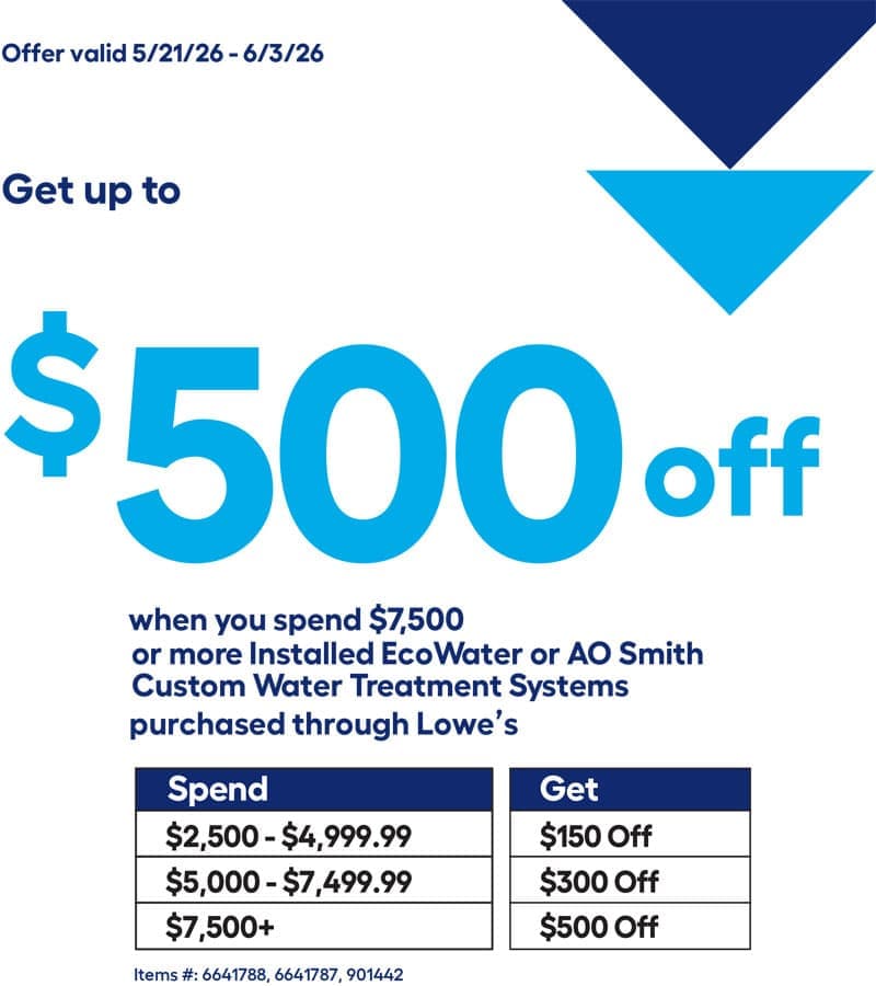 Limited-time Lowe's rebate — up to $500 off installed EcoWater or A.O. Smith water treatment systems purchased through Lowe's